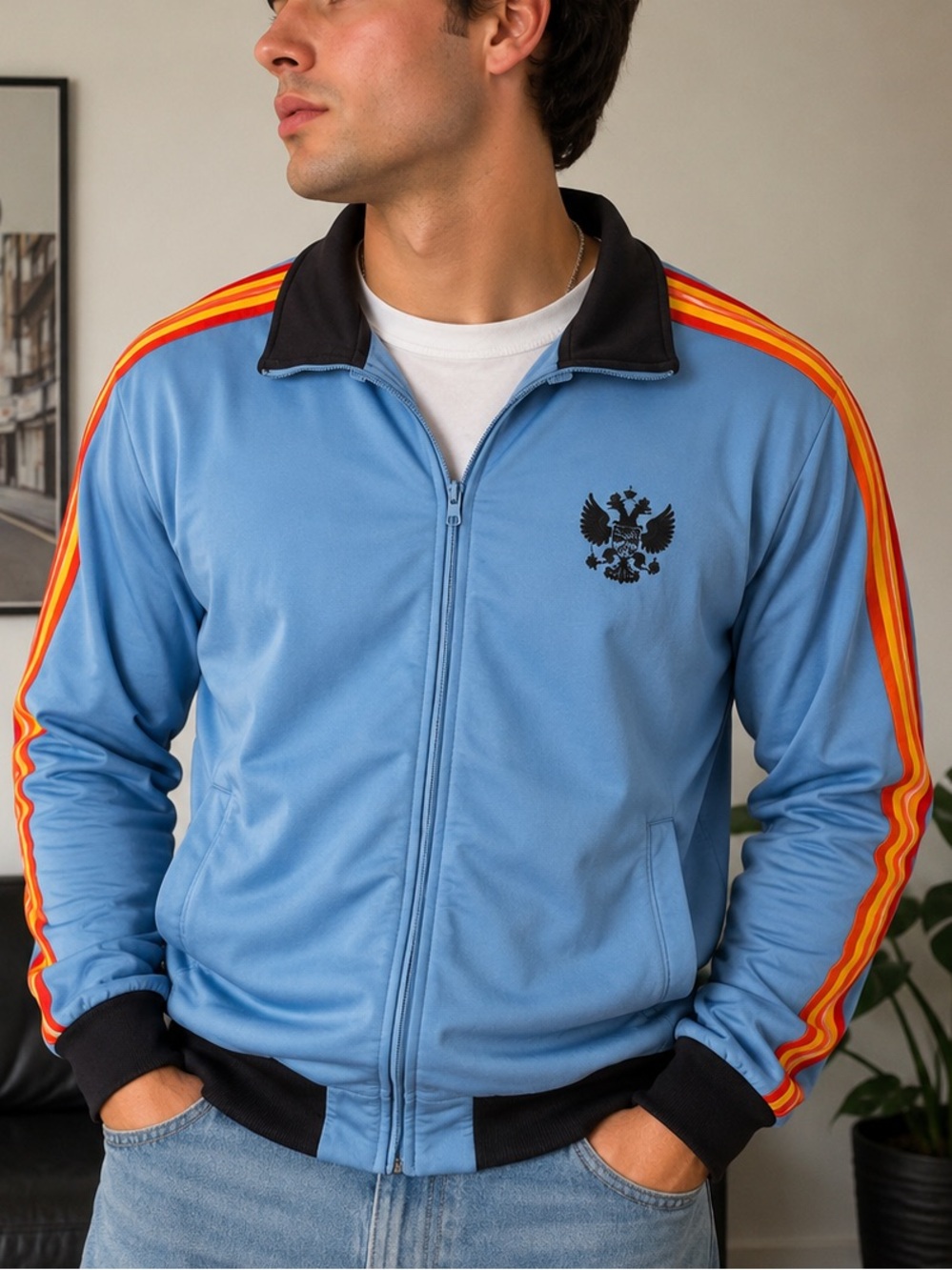 Pats Blue Track Jacket Medium Retro Striped Zip Up Athletic Warm Up Jacket